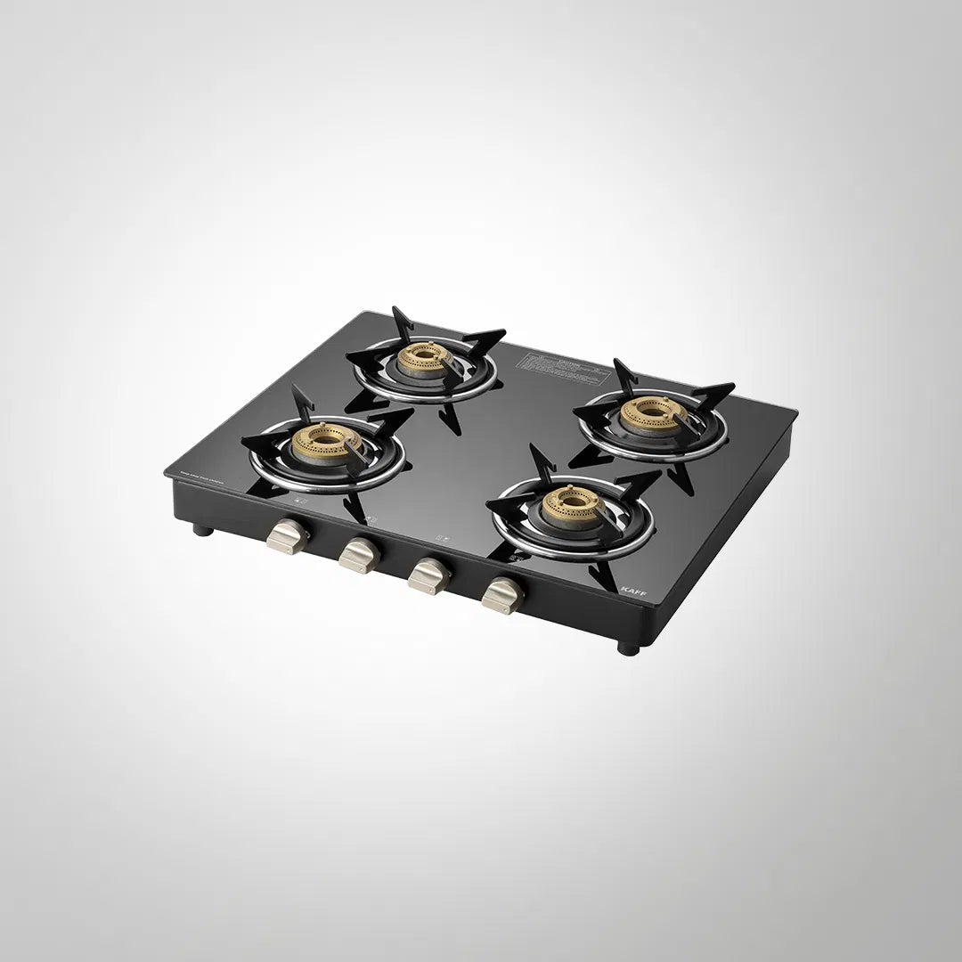 CTE584B Gas Stove | 58 cm Slim Line Hob-Top, 4 Brass Burners, Black Tempered Glass, Manual Ignition