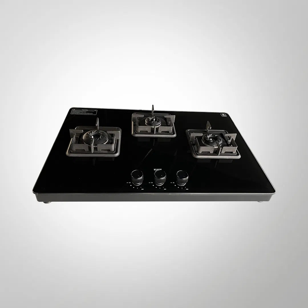 CTH75 3BAI – 3 Burner Gas Stove with Black Tempered Glass, Auto Ignition & Heavy Duty Pan Support, 75cm