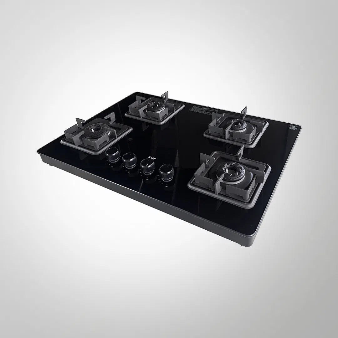 CTH75 4BAI – 4 Burner Gas Stove with Auto Ignition, Black-Coated Brass Burners & Matte Black Toughened Glass, 75cm