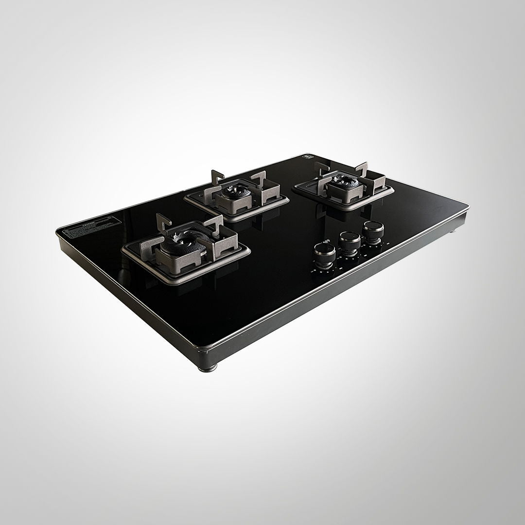 CTH75 3BAI – 3 Burner Gas Stove with Black Tempered Glass, Auto Ignition & Heavy Duty Pan Support, 75cm
