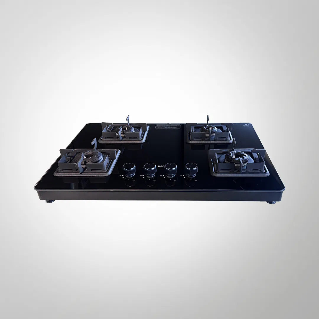 CTH75 4BAI – 4 Burner Gas Stove with Auto Ignition, Black-Coated Brass Burners & Matte Black Toughened Glass, 75cm