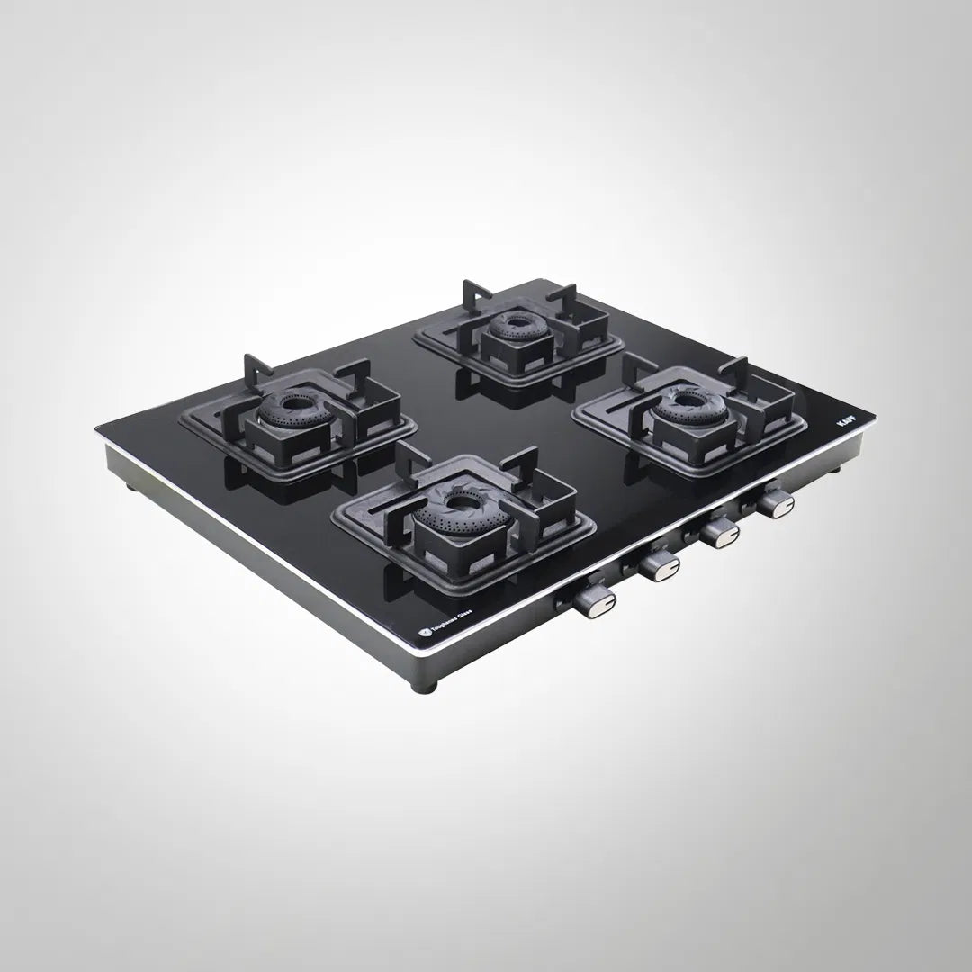 CTQ 63 4B AI 63cm 4 Burner Black Tempered Glass Gas Hob with Auto Ignition & Brass Burners