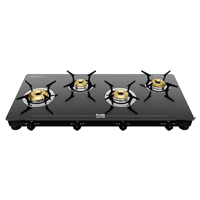 Luxe Max 4 Burner Glass Top Gas Stove With Driptray Less Infinity Design, With Jumbo Burner