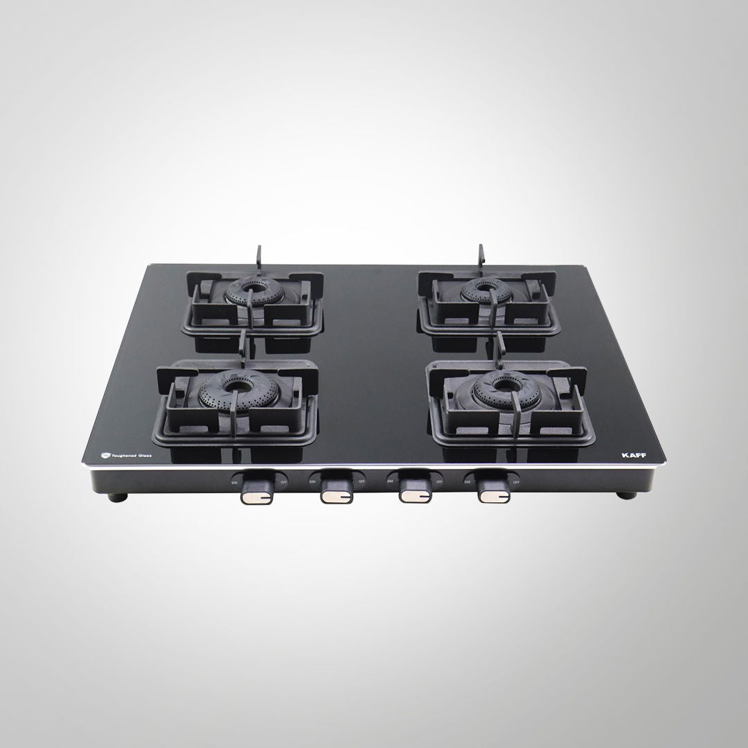 CTQ 63 4B AI 63cm 4 Burner Black Tempered Glass Gas Hob with Auto Ignition & Brass Burners