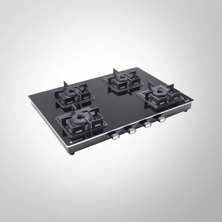 CTQ 69 4B – 4 Brass Burner Gas Stove with Black Tempered Glass, Manual Ignition, 69cm Free Standing Hob