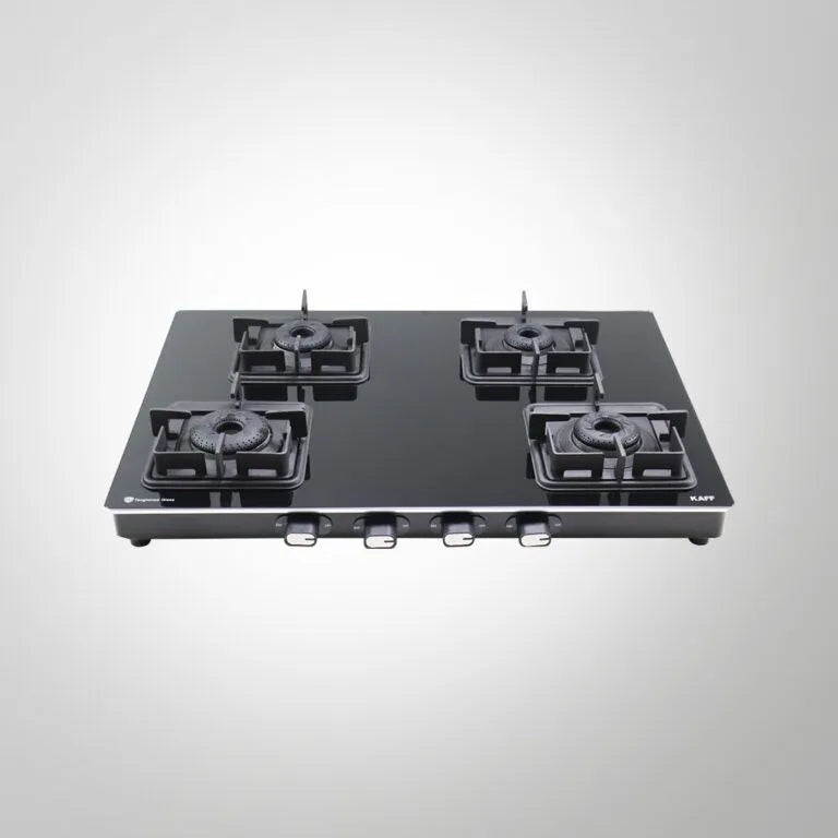 CTQ 69 4B – 4 Brass Burner Gas Stove with Black Tempered Glass, Manual Ignition, 69cm Free Standing Hob