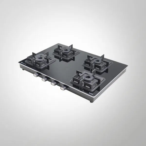 CTQ 69 4B – 4 Brass Burner Gas Stove with Black Tempered Glass, Manual Ignition, 69cm Free Standing Hob
