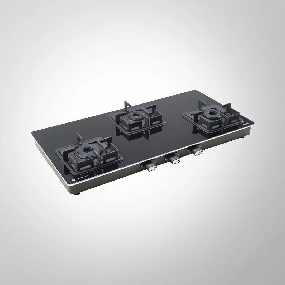 CTQ 77 3B 77cm 3 Burner Manual Ignition Cooktop with Black Tempered Glass & Brass Burners