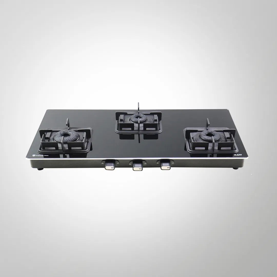 CTQ 77 3B 77cm 3 Burner Manual Ignition Cooktop with Black Tempered Glass & Brass Burners