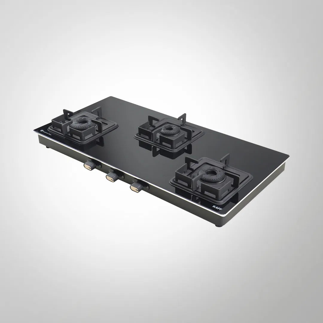 CTQ 77 3B 77cm 3 Burner Manual Ignition Cooktop with Black Tempered Glass & Brass Burners