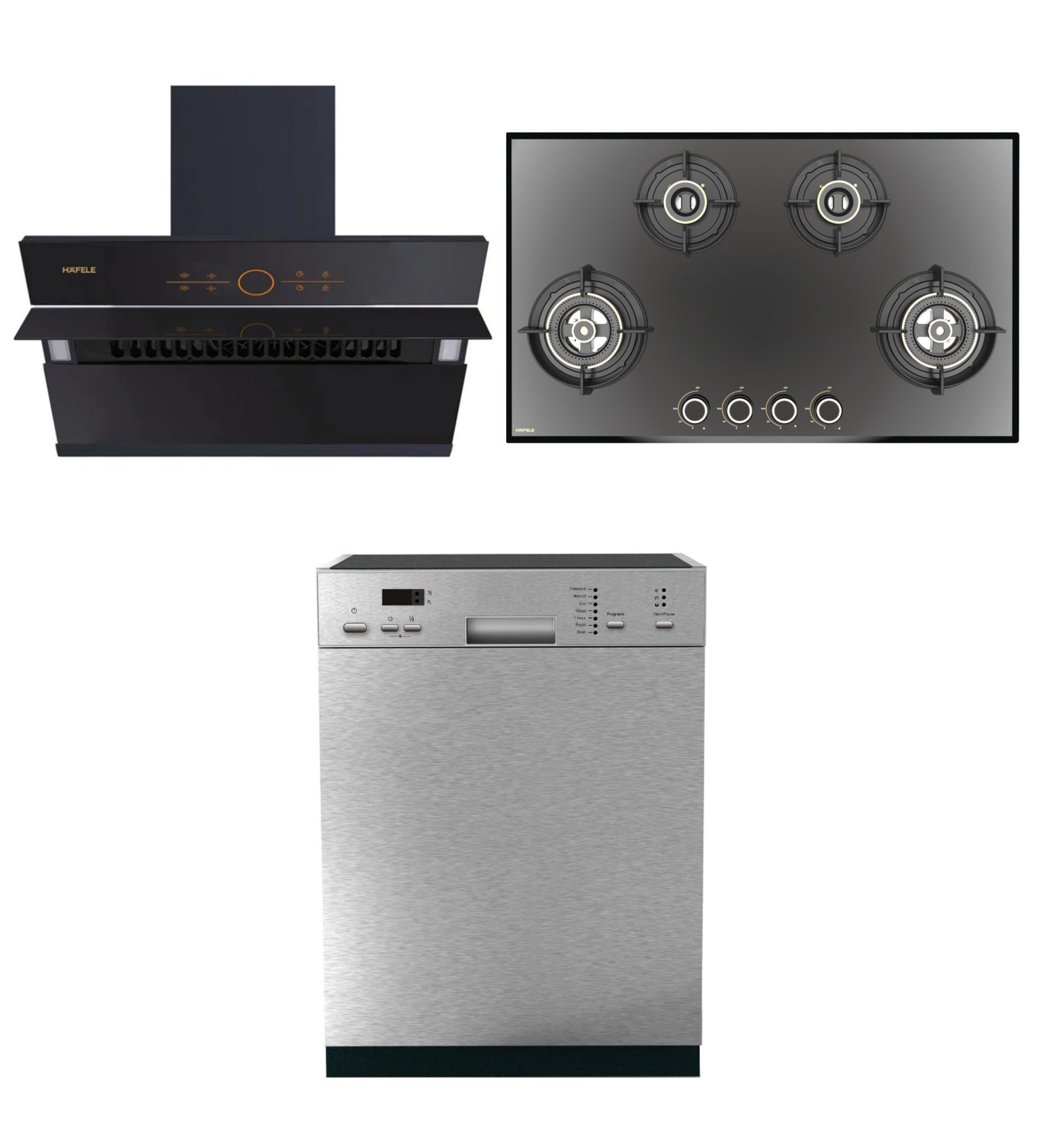 Combo Teresa 90 Plus 90cm Angled Wall Mounted Chimney + Altius FS 490 86cm Built-In Hob + Serene SI02 14 Place Settings Semi Integrated Dishwasher