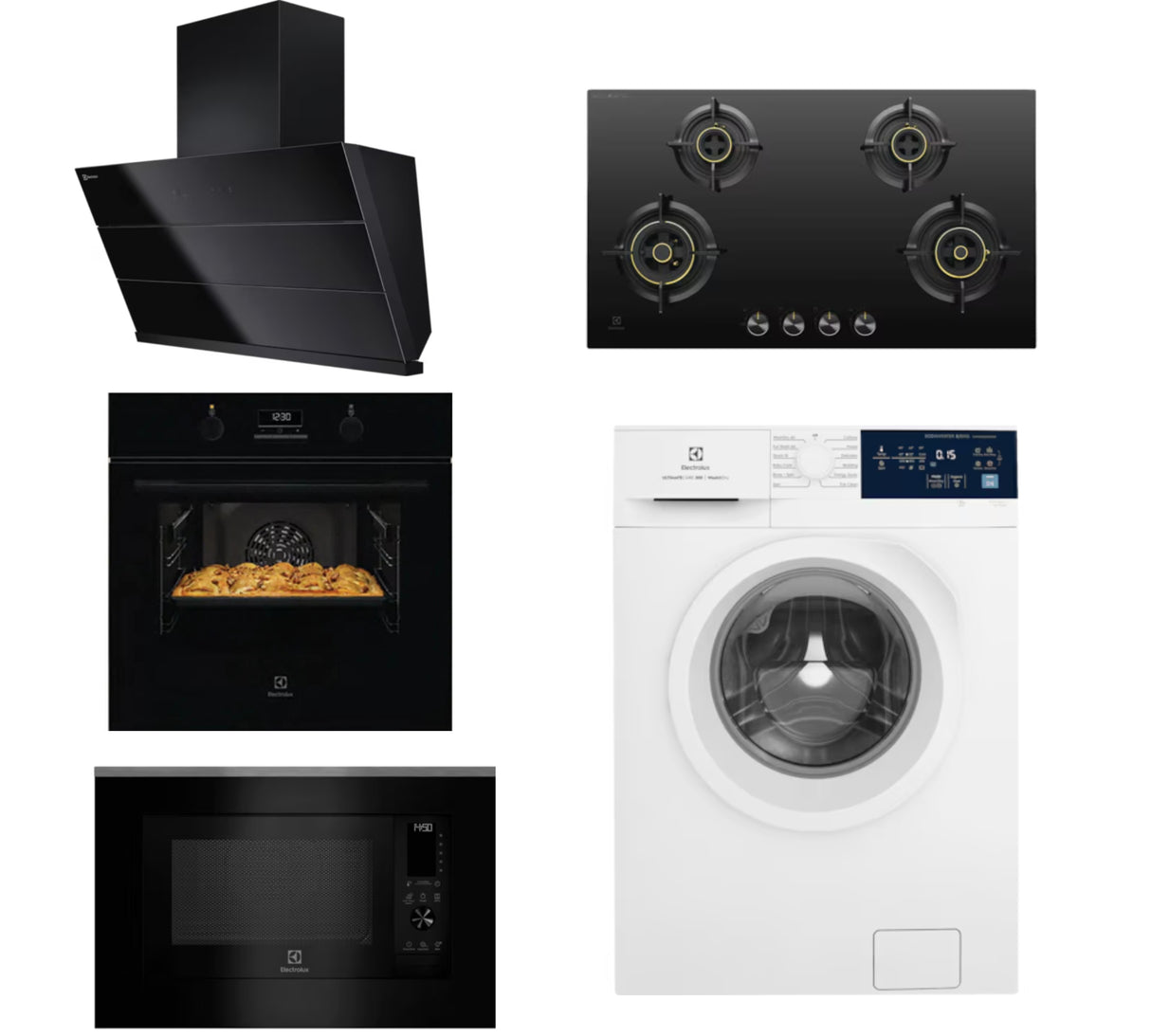 Utsav Combo - 90 cm Chimney ECS9941GB + 90 cm Hob EHG9430BCI + 65 L Built in Single Oven KOD3H50BK + 30 L Built in Convection Microwave EMSB30XCF + 8/5kg washer dryer EWW8024D3WB