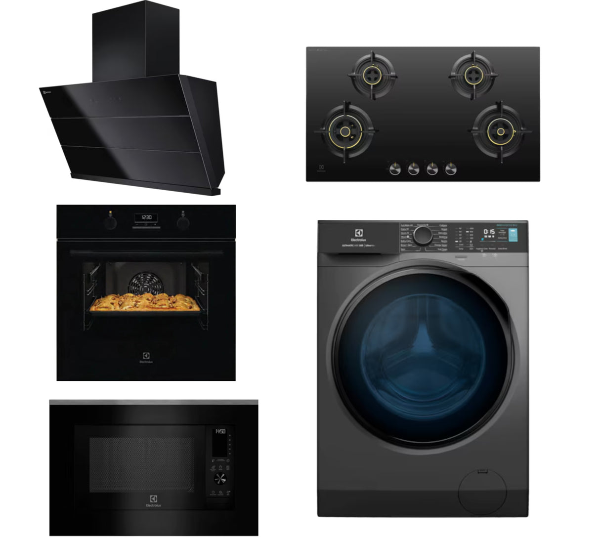 Utsav Combo - 90 cm Chimney ECS9941GB + 90 cm Hob EHG9430BCI + 65 L Built in Single Oven KOD3H50BK + 30 L Built in Convection Microwave EMSB30XCF + 9kg front load washing machine EWF9024R5SB