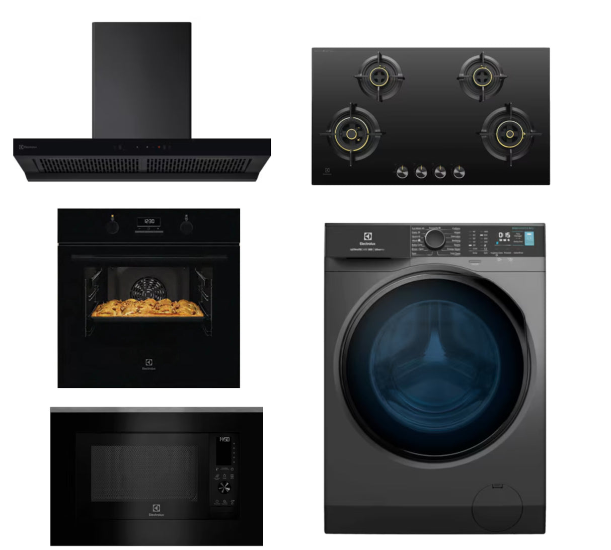 Utsav Combo - 90 cm Chimney ECT9841KB + 90 cm Hob EHG9430BCI + 65 L Built in Single Oven KOD3H50BK + 30 L Built in Convection Microwave EMSB30XCF + 9kg front load washing machine EWF9024R5SB