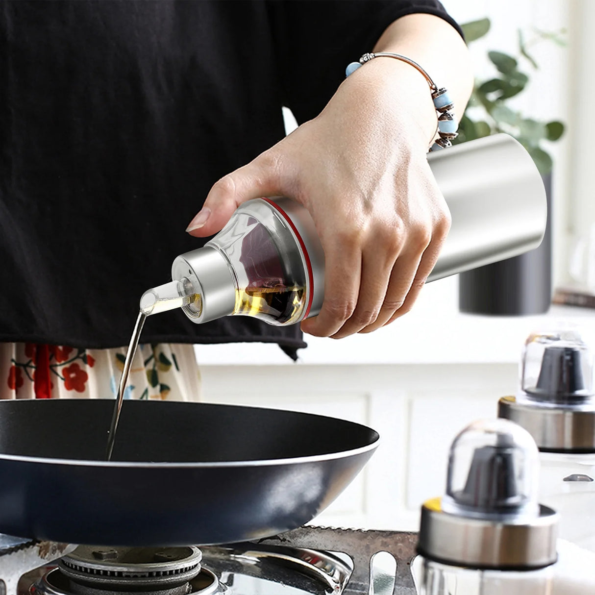 Stainless Steel Oil Dispenser Bottle with Cap and Nozzle - 1 Litre