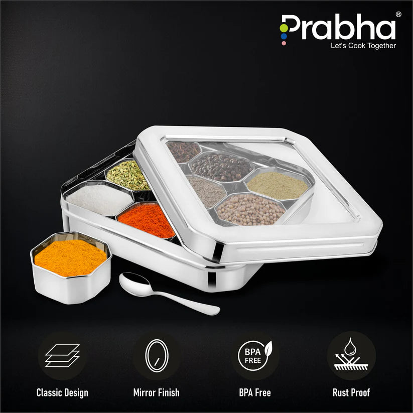 Stainless Steel Diamond Sqaure, Spice & Dry Fruits Container With See Through Glass Lid
