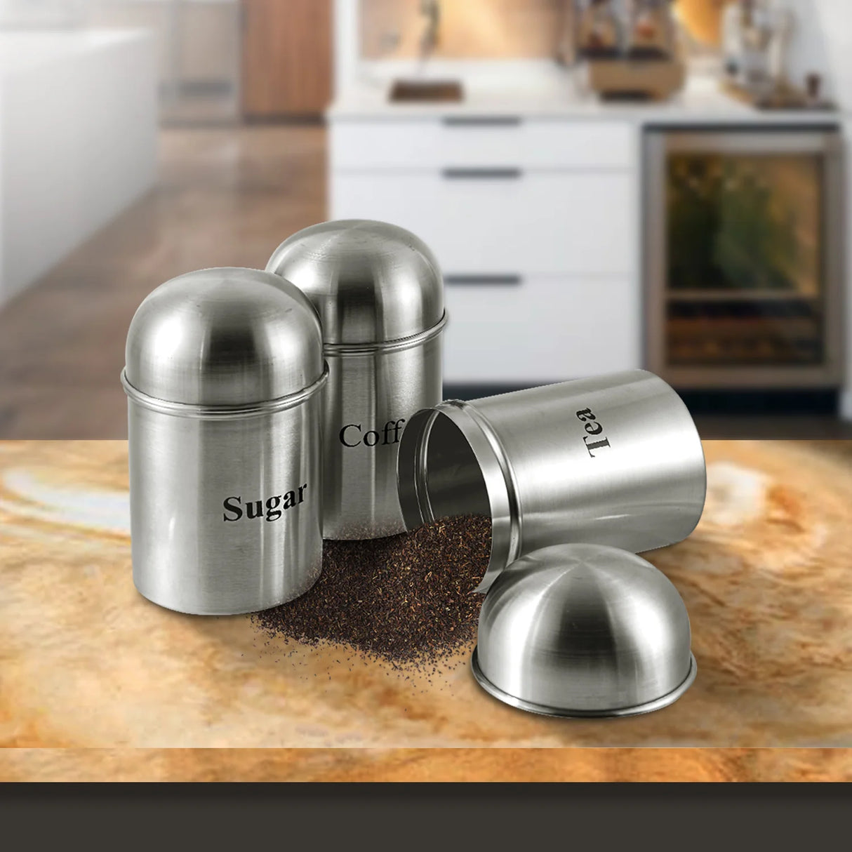 High Dome Stainless Steel Tea Sugar Coffee Containers Set of 3 - 350ml