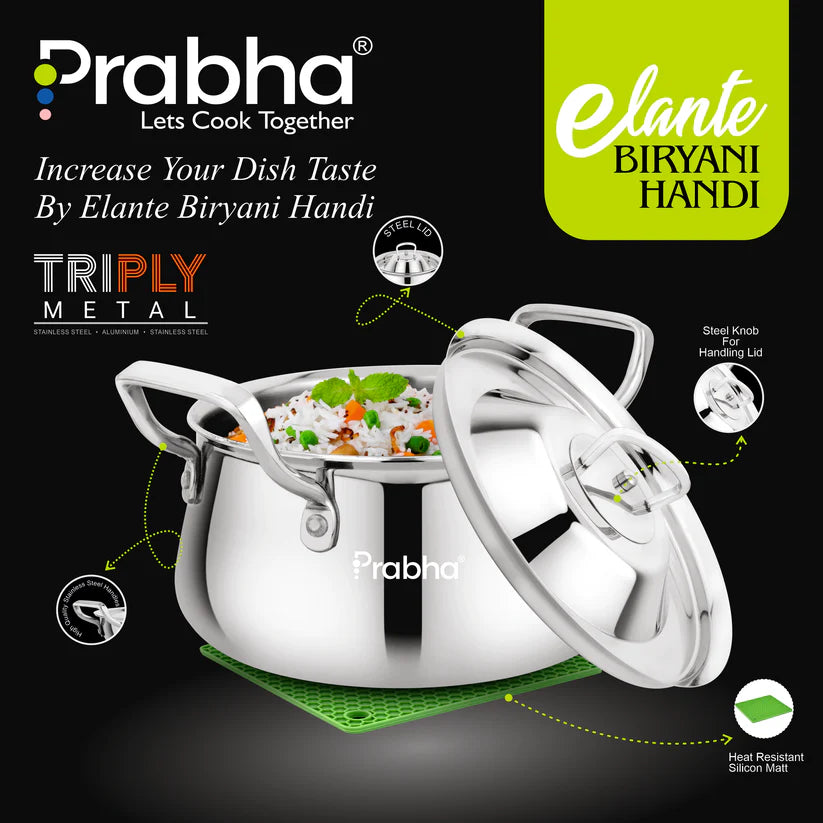 Elante Tri-Ply Biryani Handi With Lid – 2.8L, 18cm