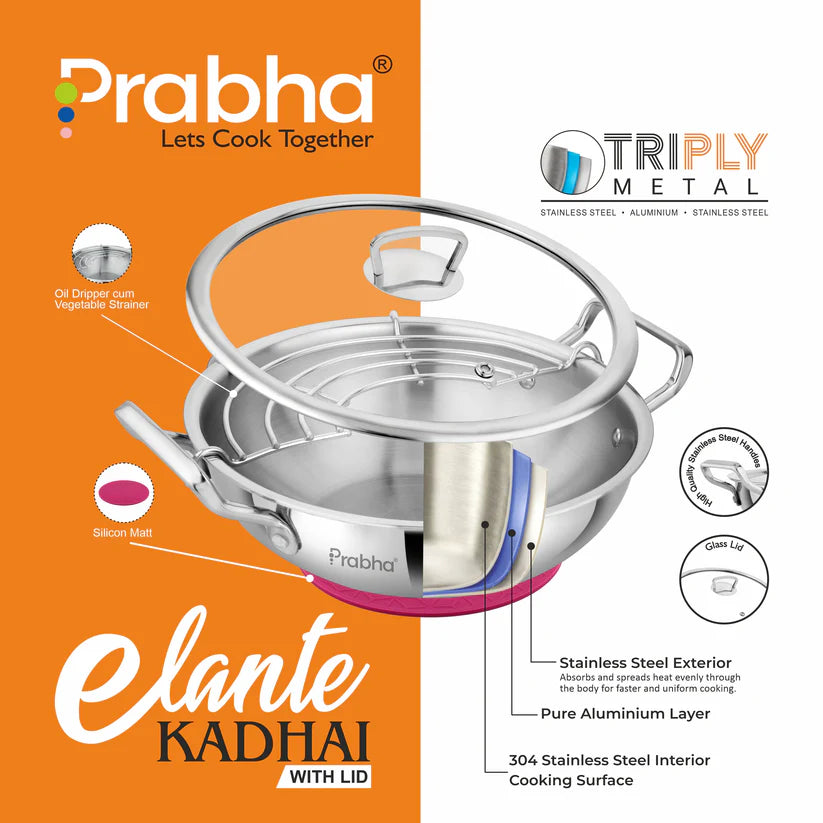 Elante Tri-Ply Kadhai With Glass Lid – 5.5L, 30cm