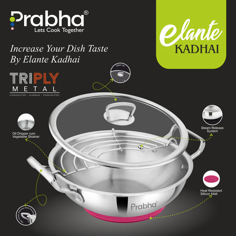 Elante Tri-Ply Kadhai With Glass Lid – 5.5L, 30cm