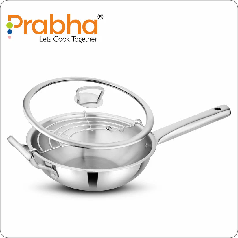 Elante Tri-Ply Wok With Glass Lid – 2.2L, 22cm