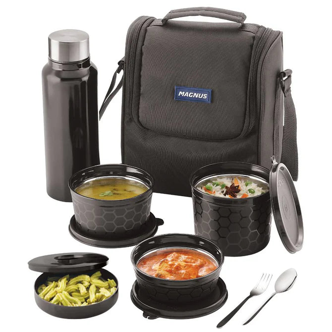 Microwave Safe EVA 5 Lunch Box Set (Black) -3 Microwave Safe Easylock Stainless Steel Containers|1 Small Plastic Chutney Box|1 Steel Bottle|Steel Cutlery|Compact Easy to Carry Bag (1750ML)