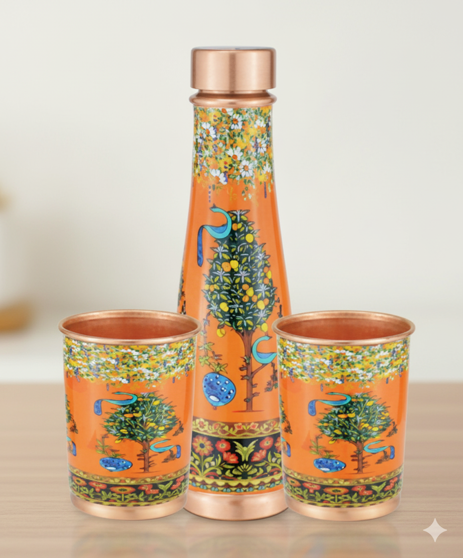 Saanjh - Utsav Orange Copper Bottle and Glass Set