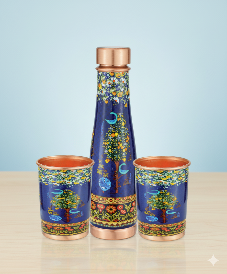 Saanjh - Utsav Blue Copper Bottle and Glass Set