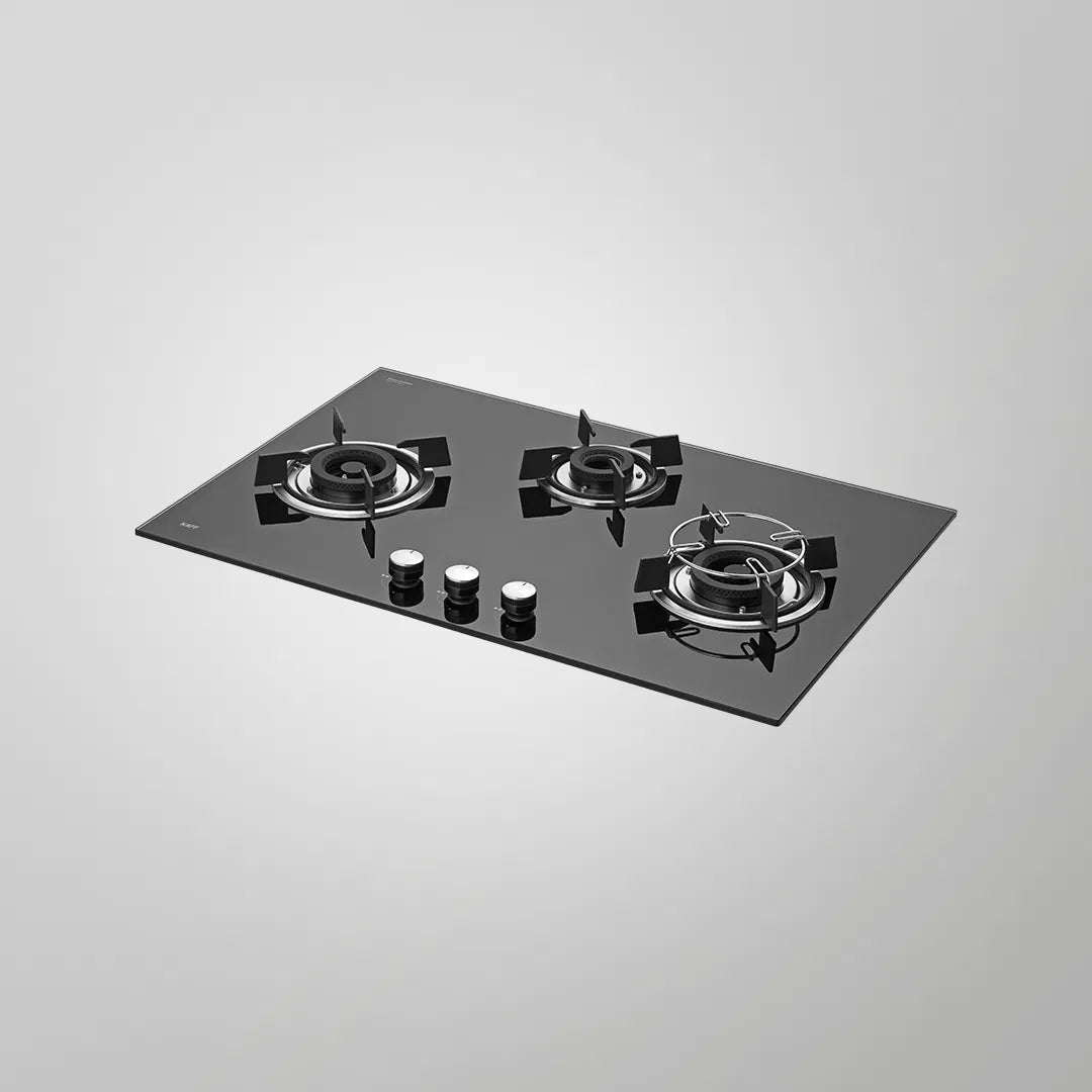 HBR 783 B Built-in Hob | 78 cm, 3 Brass Burners (2 Triple Ring + 1 Dual Ring), Auto Ignition, Black Tempered Glass