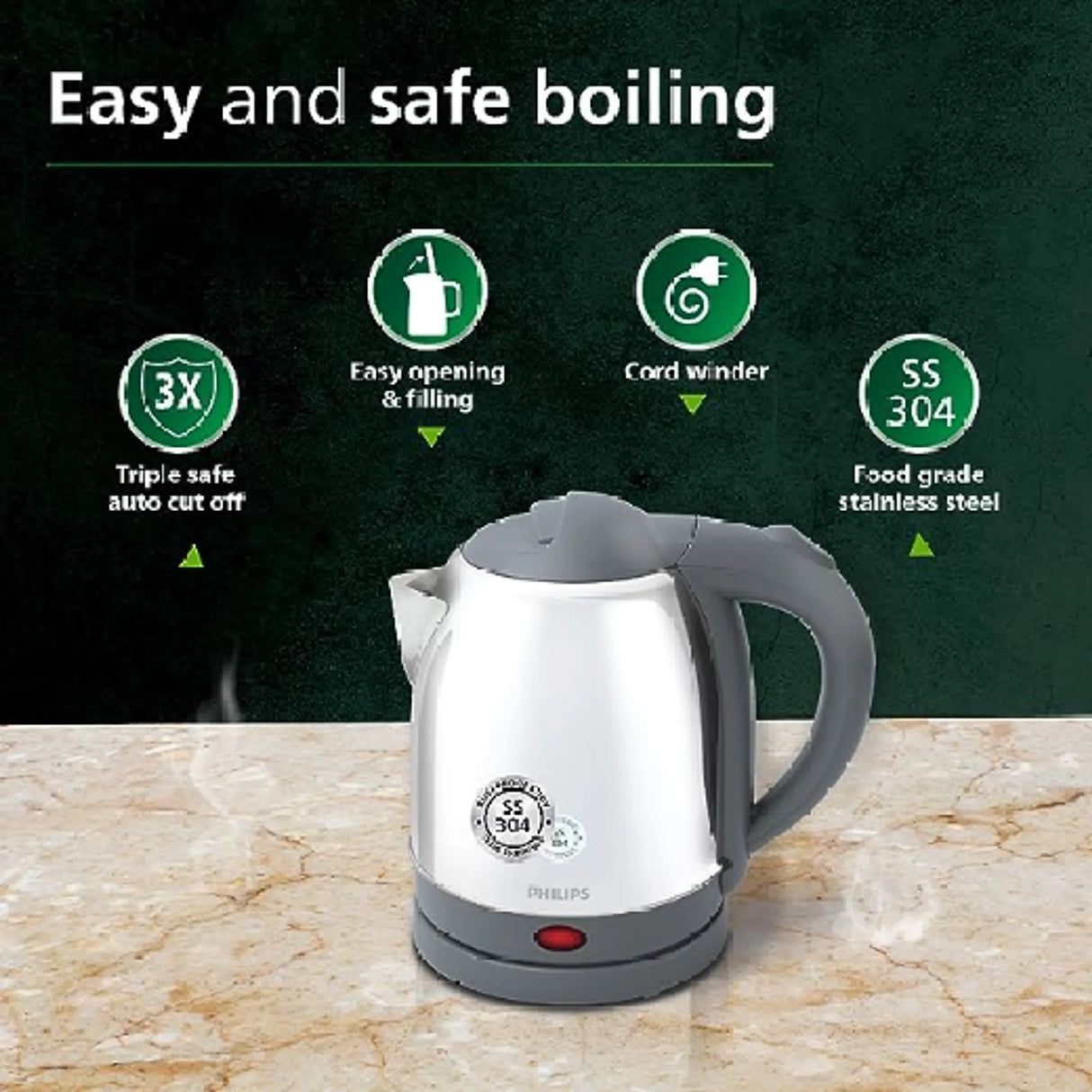 HD9363/02 Electric Kettle | 1.2L | 25% Thicker Stainless Steel Body | Rust-Proof SS 304 Steel | Food-Grade Material