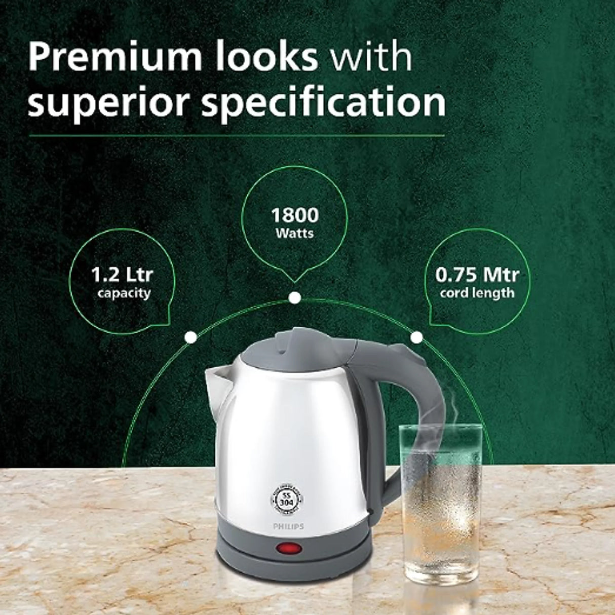 HD9363/02 Electric Kettle | 1.2L | 25% Thicker Stainless Steel Body | Rust-Proof SS 304 Steel | Food-Grade Material