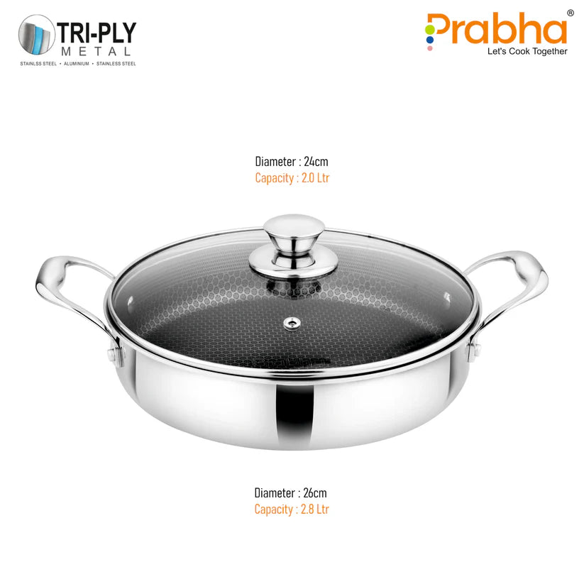 Prabha Tri-ply Hexa Cube Sauté Pan With Lid – 2L, 24cm