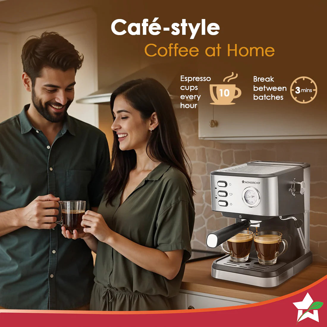 Wonderchef Regenta Espresso Coffee Machine, 19-bar, Make Espressos, Cappuccinos & Lattes at Home, With Steamer, Metal Porta Filter, Temperature Dial, 2 Year Warranty