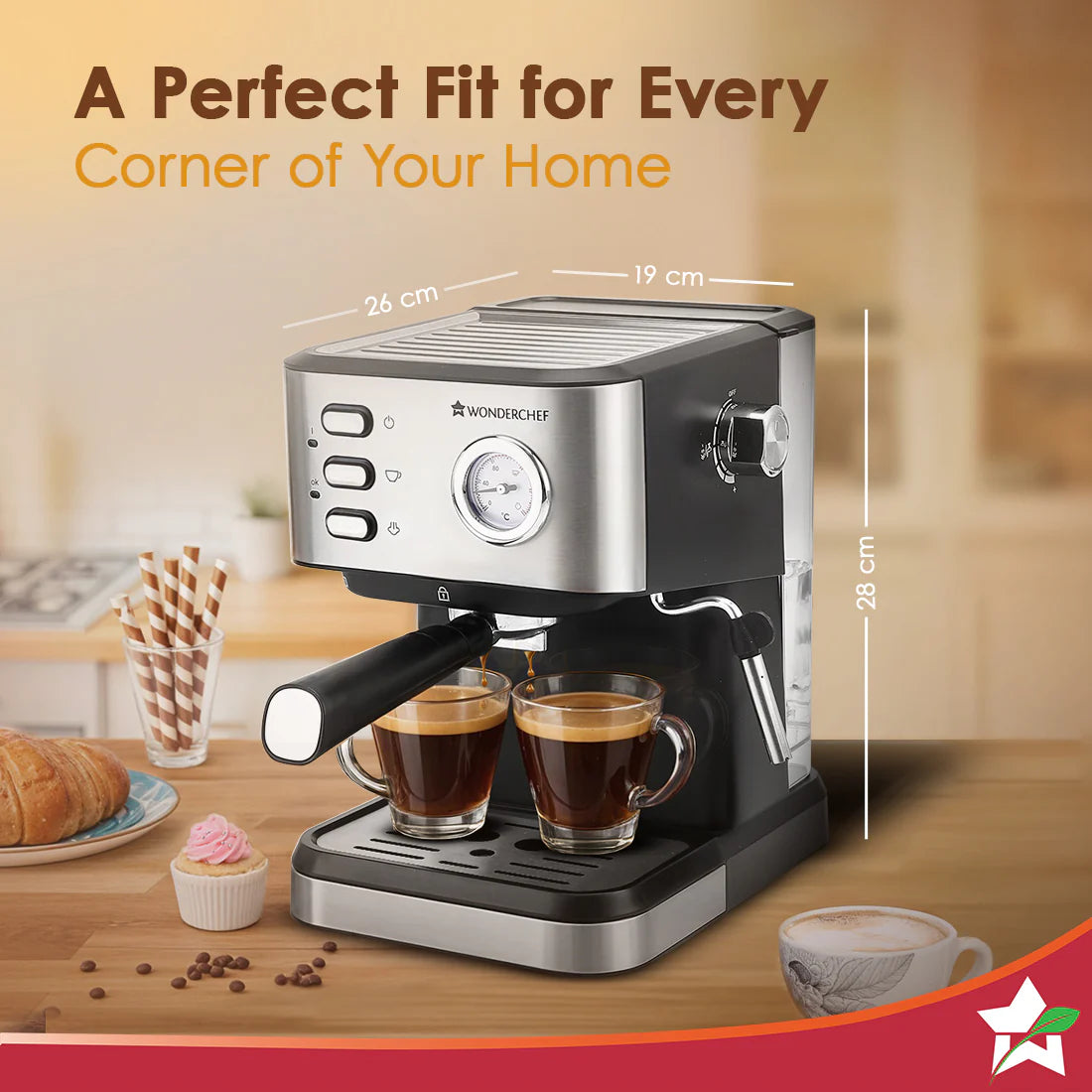 Wonderchef Regenta Espresso Coffee Machine, 19-bar, Make Espressos, Cappuccinos & Lattes at Home, With Steamer, Metal Porta Filter, Temperature Dial, 2 Year Warranty