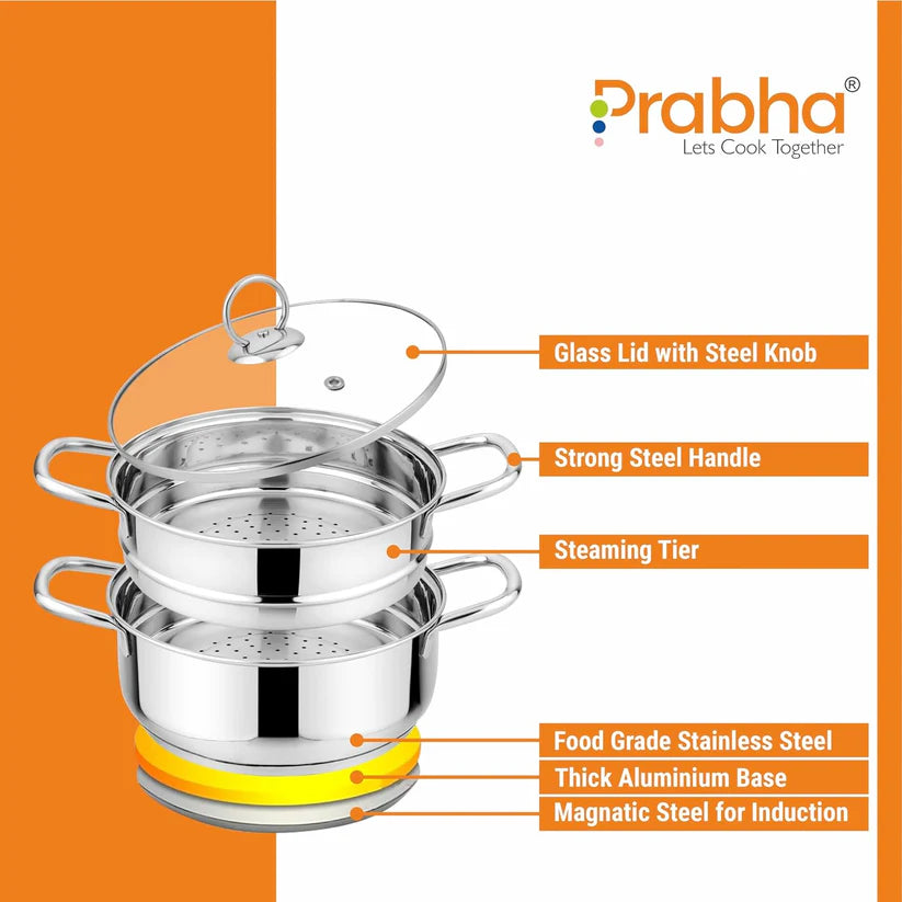 Prabha Stainless Steel Induction Base Steamer With Transparent Glass Lid – 2 Tier