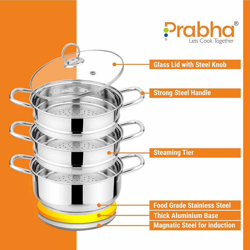 Prabha Stainless Steel Induction Base Steamer With Transparent Glass Lid – 3 Tier