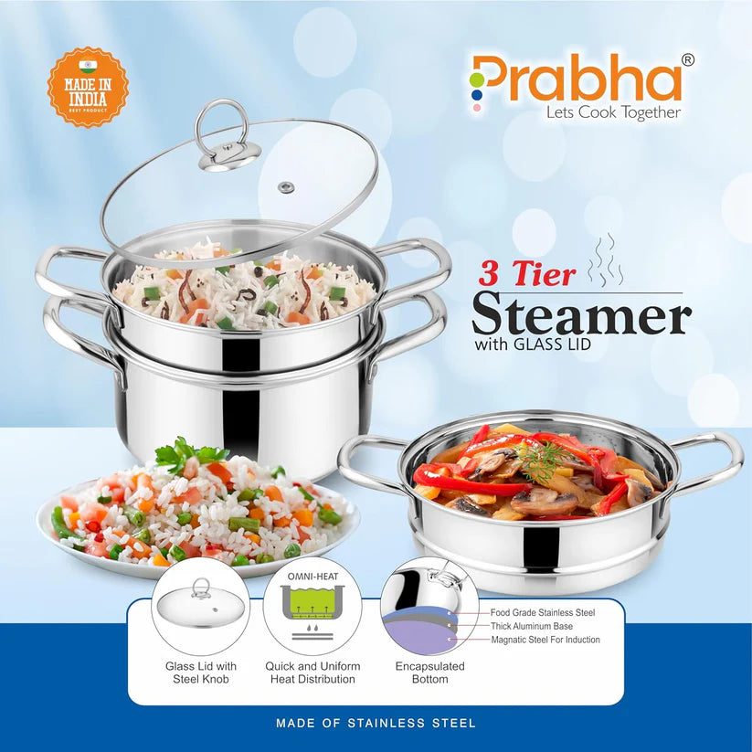 Prabha Stainless Steel Induction Base Steamer With Transparent Glass Lid – 3 Tier
