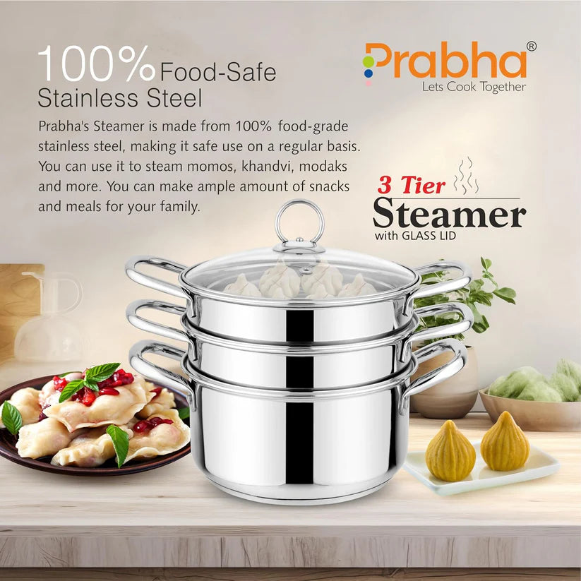 Prabha Stainless Steel Induction Base Steamer With Transparent Glass Lid – 3 Tier