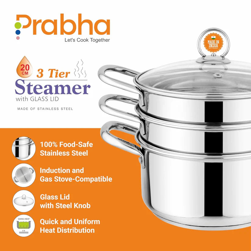 Prabha Stainless Steel Induction Base Steamer With Transparent Glass Lid – 3 Tier