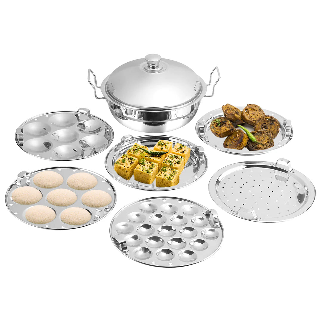 5 liter Stainless Steel Multi Kadai with 6 Plates - 28cm, 2 Idli Plates, 2 Dhokla Plates, 1 Patra & Mini Idli plate, All in one, Idli maker