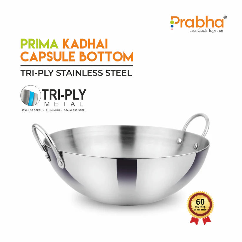 Prima Triply Capsule Bottom Kadhai Without Lid – 1.3L, 20cm