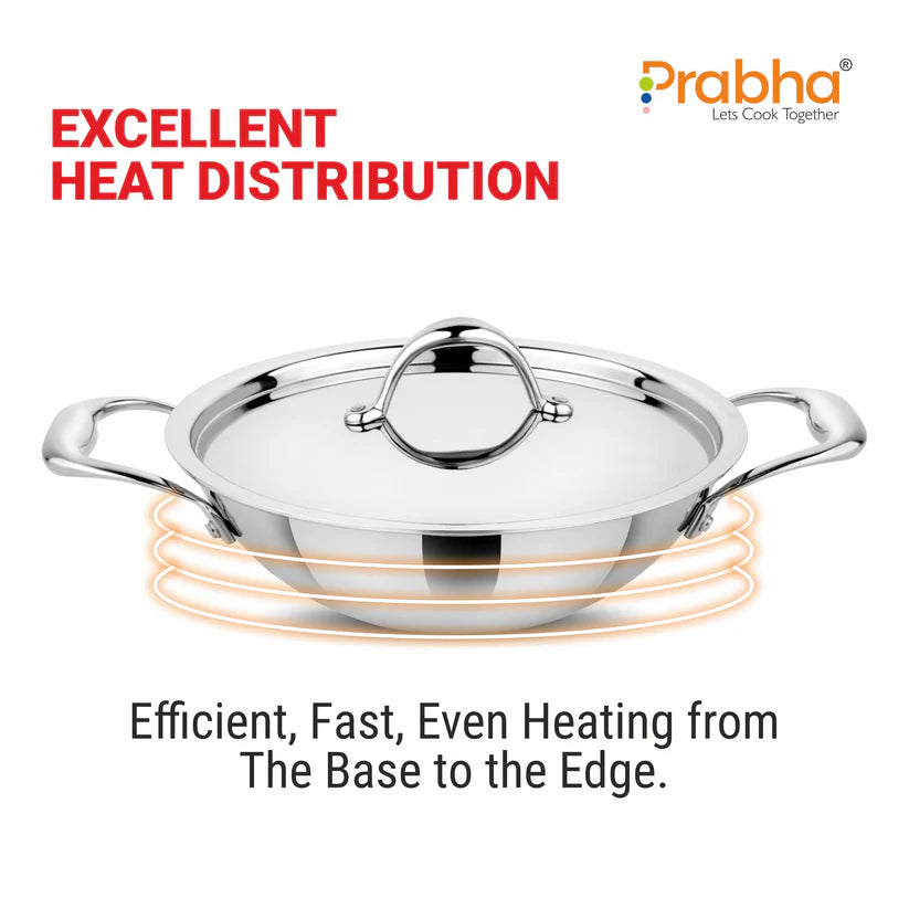 Prima Triply Kadhai Flat Bottom With Lid – 1.4L, 18cm