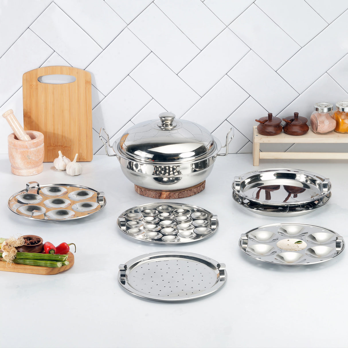 5 liter Stainless Steel Multi Kadai with 6 Plates - 28cm, 2 Idli Plates, 2 Dhokla Plates, 1 Patra & Mini Idli plate, All in one, Idli maker