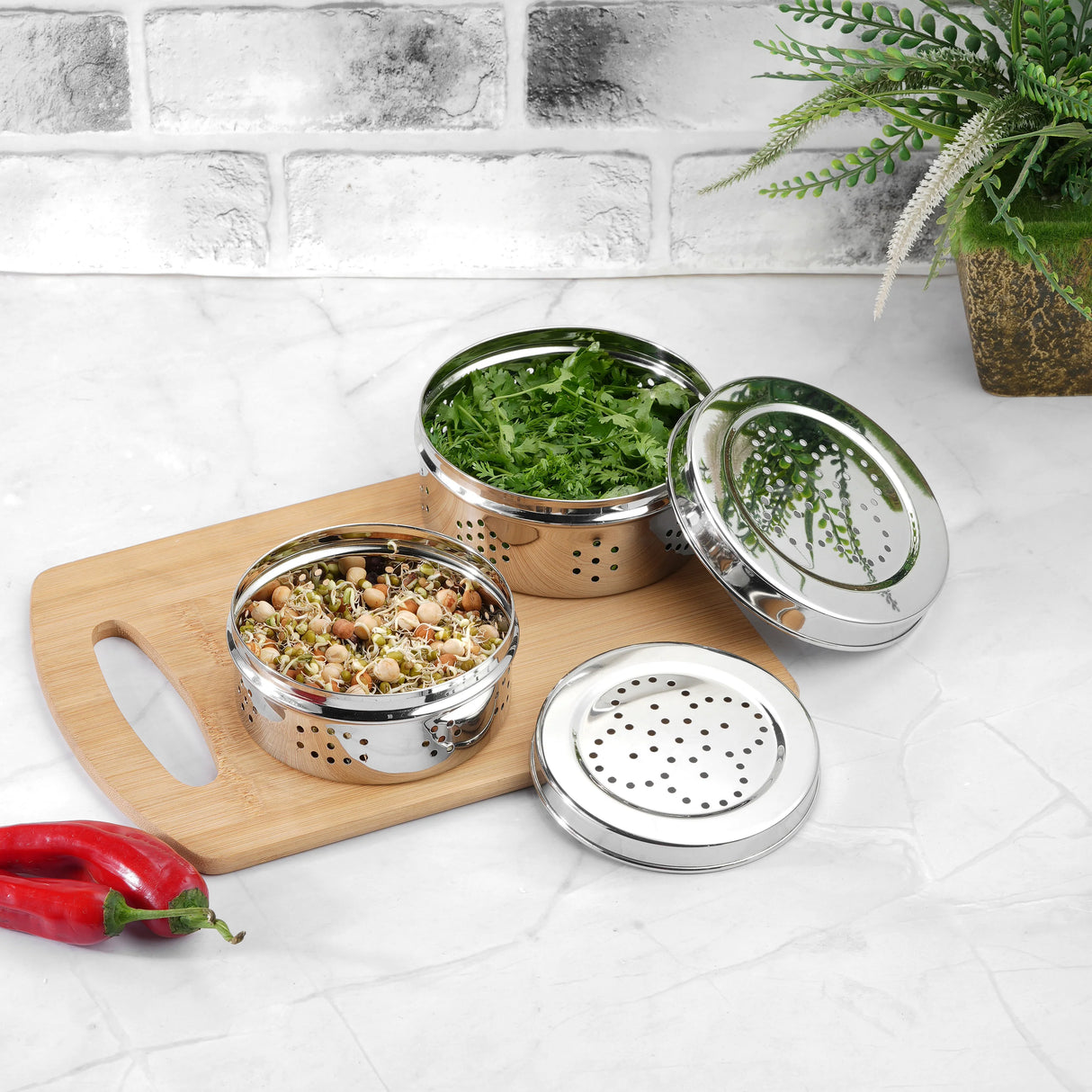 Sprouts Maker Box Stainless Steel - Set of 2 (550 ml + 800ml), Coriander Storage Container for Fridge with Air Ventilation, Sturdy & Durable, Herbs Container, Puri Dabba