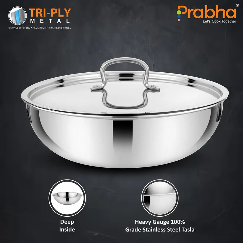 Prima Triply Tasla Flat Base With Lid – 0.9L, 16cm