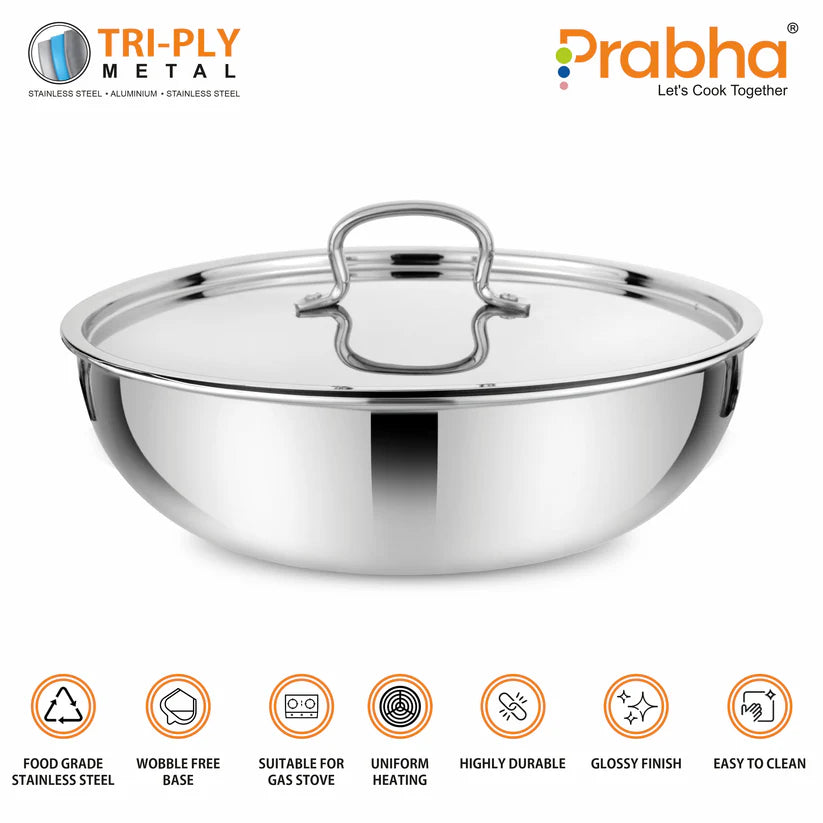 Prima Triply Tasla Flat Base With Lid – 0.9L, 16cm