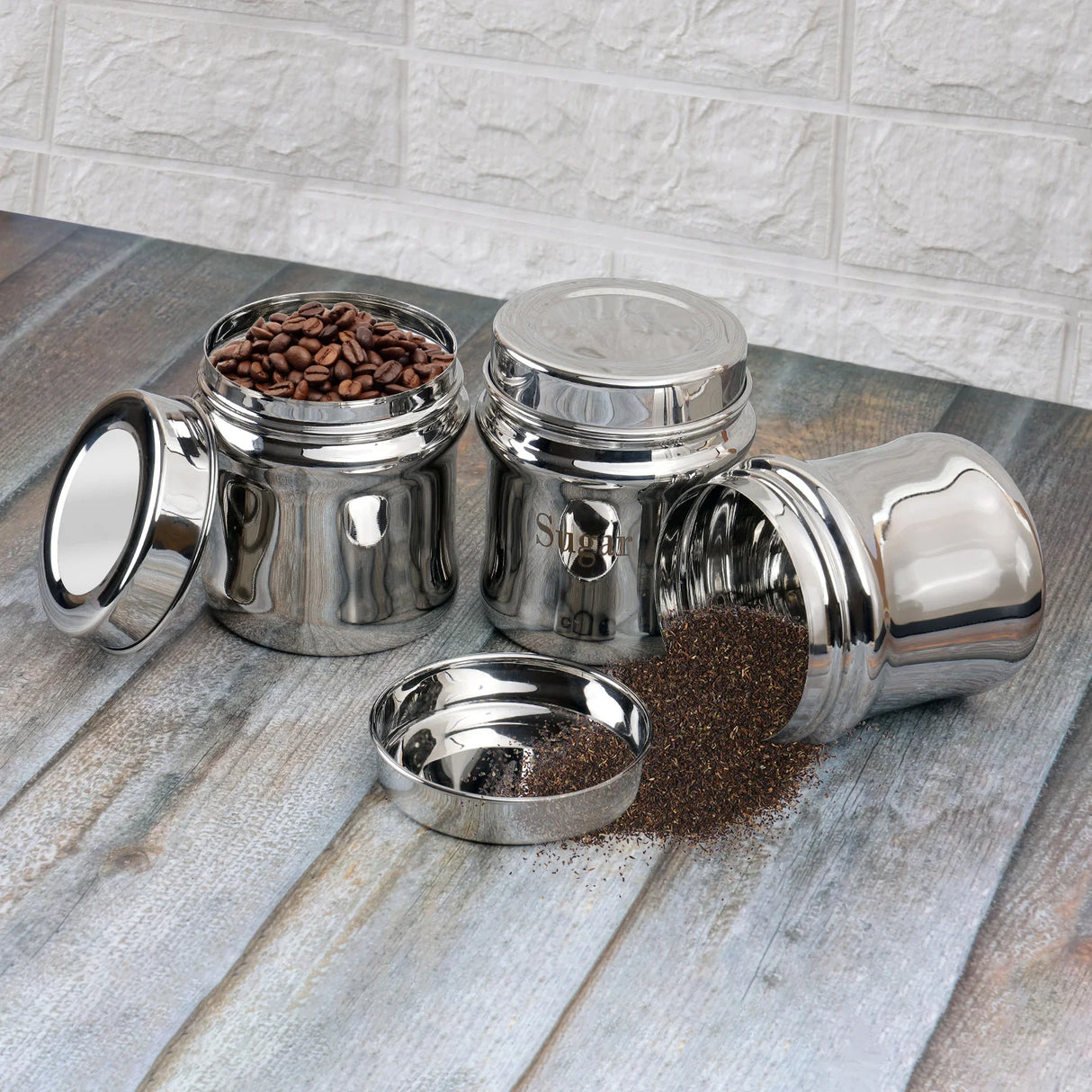 Steel Tea Coffee & Sugar Container - 700 ml (Pack of 3, Silver)