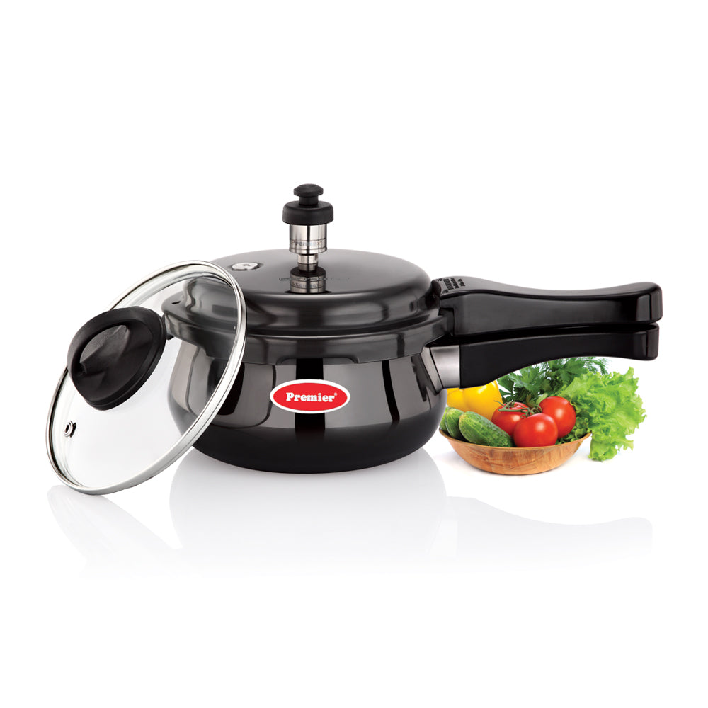 Premier Cucina Trendy Black Induction Bottom Handi Pressure Cooker With Glass Lid 1.5 Ltr