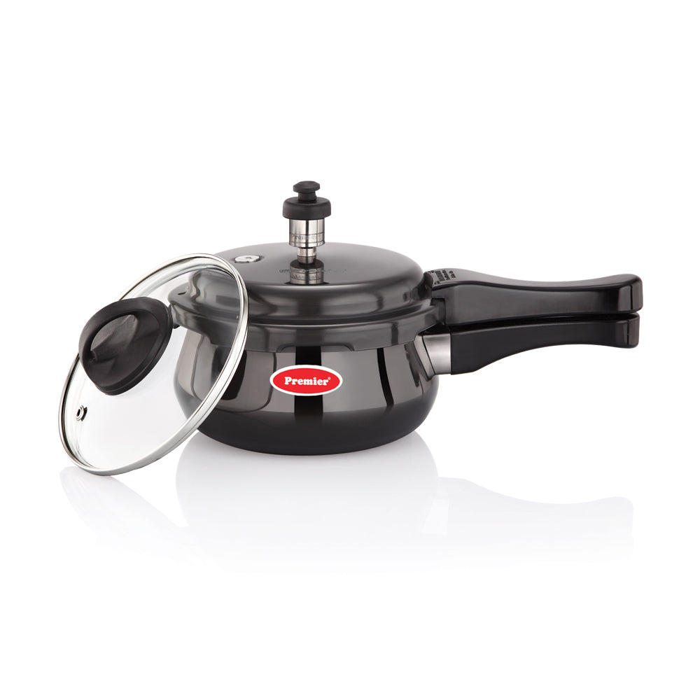 Premier Cucina Trendy Black Induction Bottom Handi Pressure Cooker With Glass Lid 1.5 Ltr