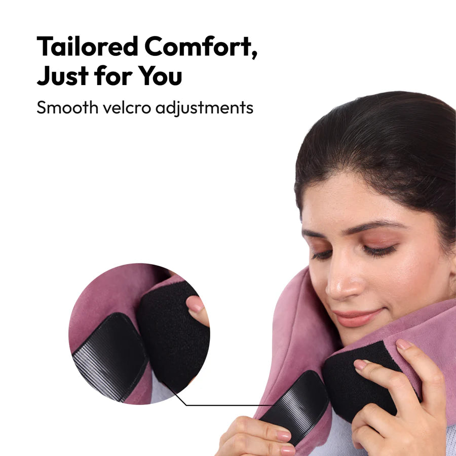 Travel Neck Pillow with Adjustable Velcro, Premium Velvet Cover & All-Round Neck Support